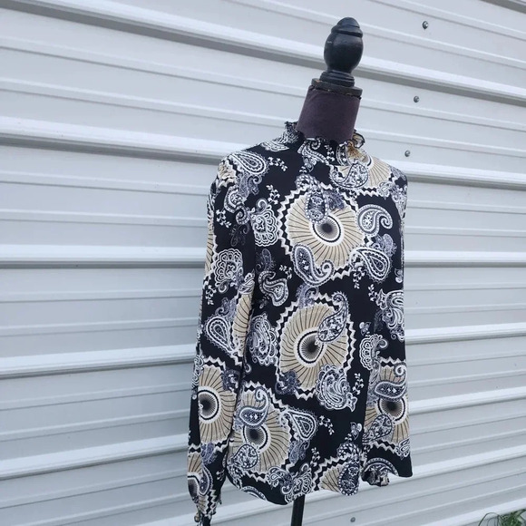 By Design Black Beige Floral Paisley Print Pullover Top Stretch Long Sleeve XL - Picture 2 of 11